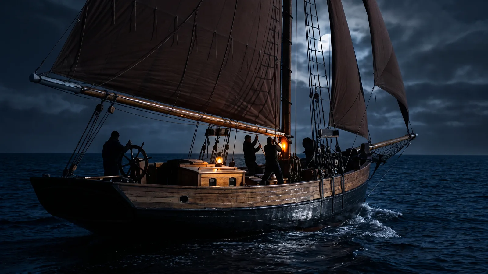 Traditionssegler unter Gaffelsegeln bei Nacht