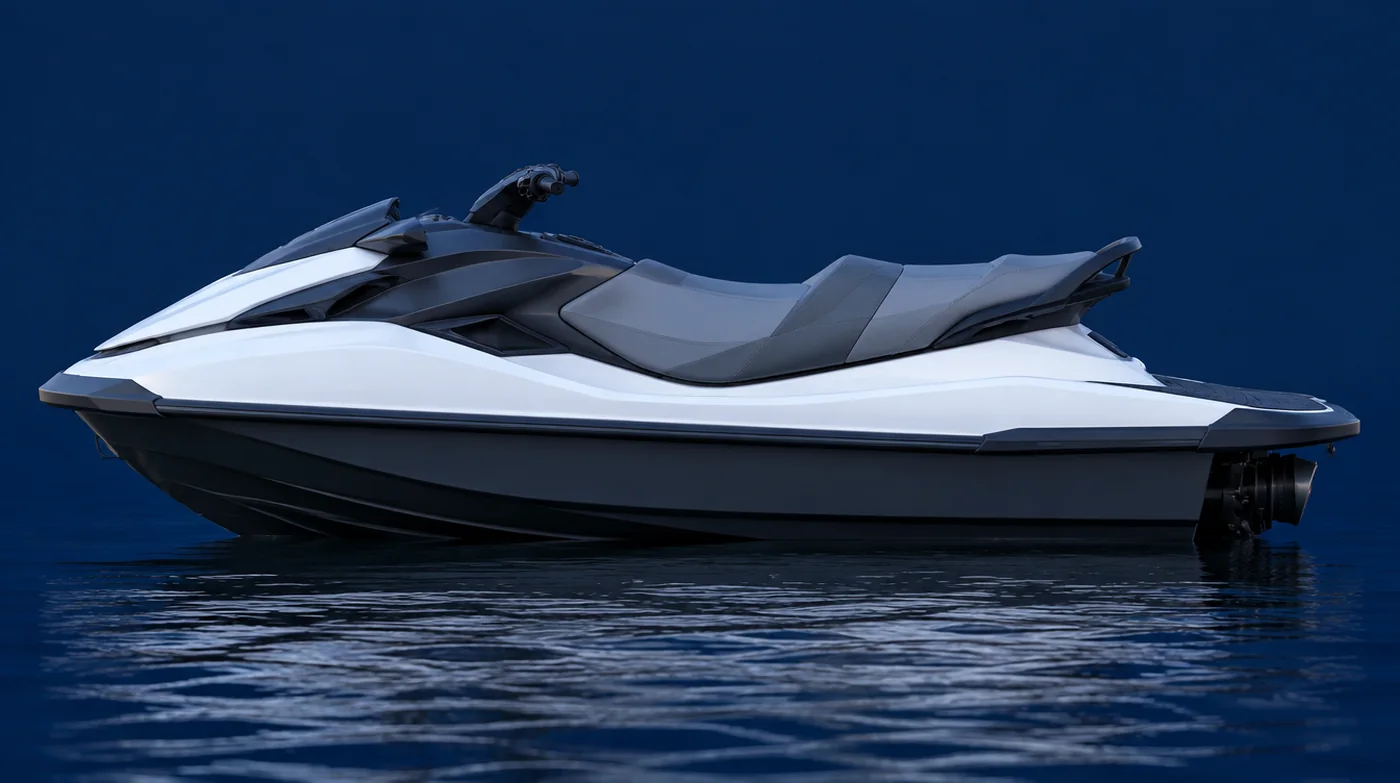 Jet ski in side view, hood, handlebars, seat and stern visible