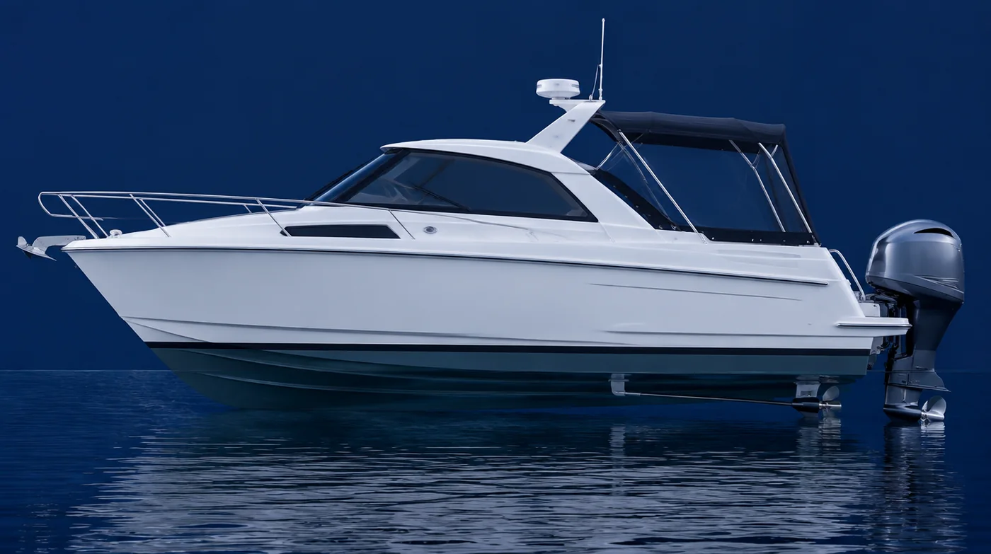 Motor boat in side view, cabin, radar arch and outboard visible
