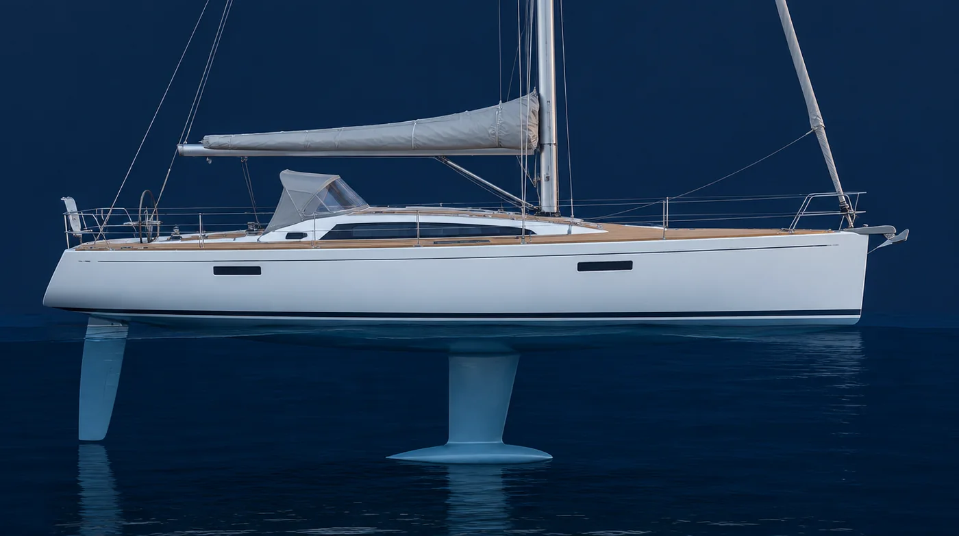 Sailing yacht in side view, hull, rig, keel and rudder visible