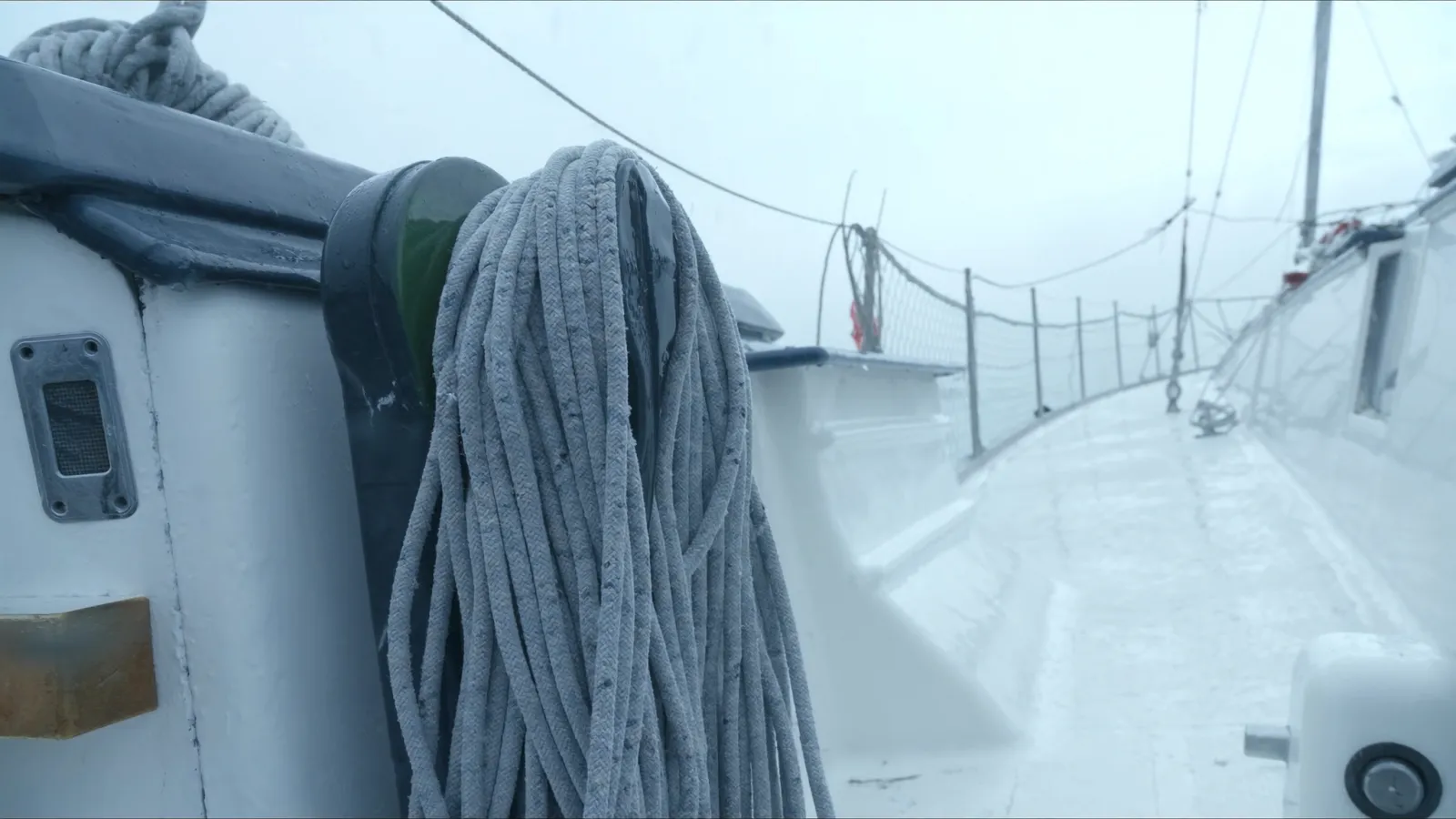 A coiled line on the deck of a sailing yacht