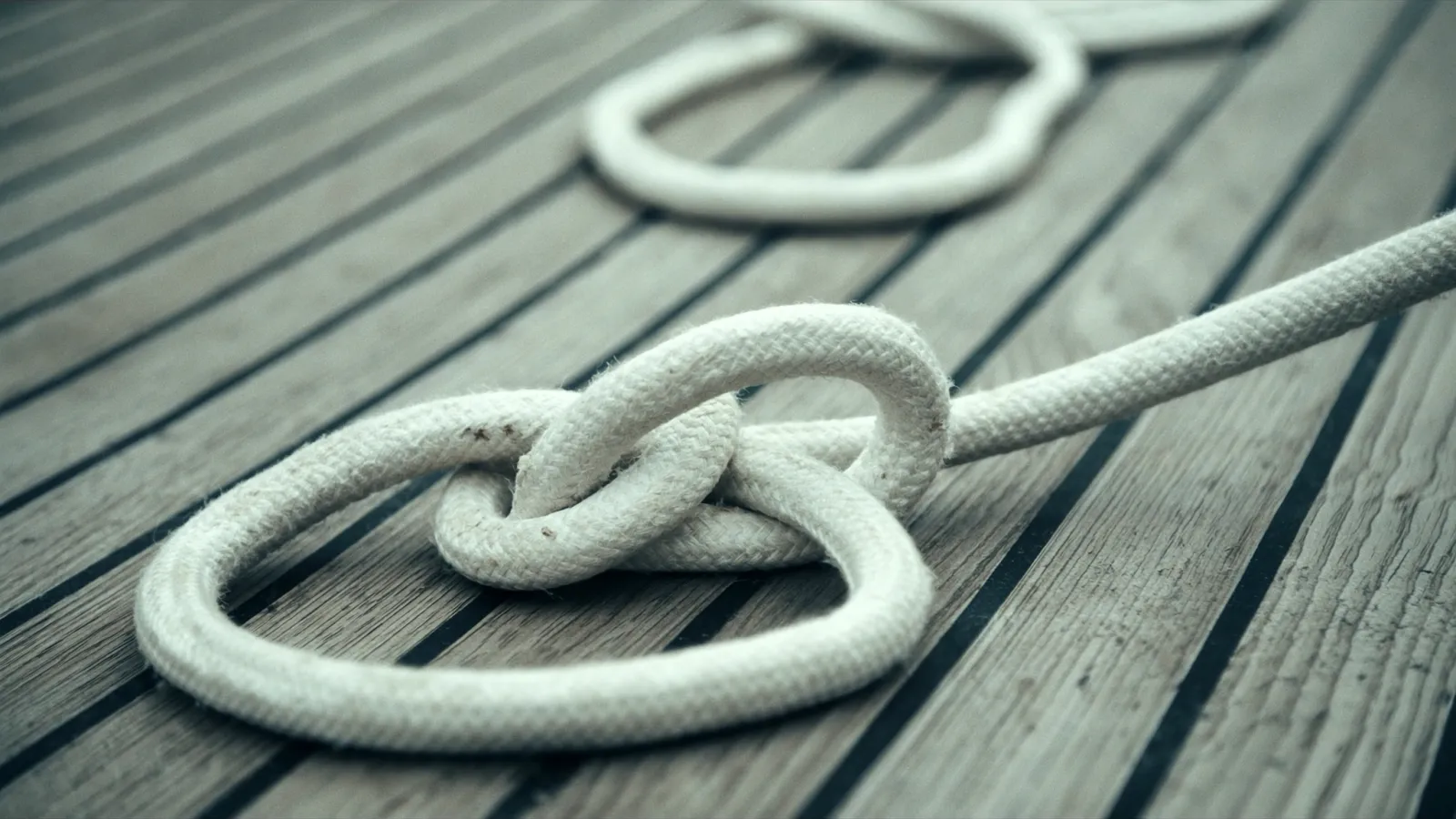 A knot in white rope lying on a weathered wooden deck