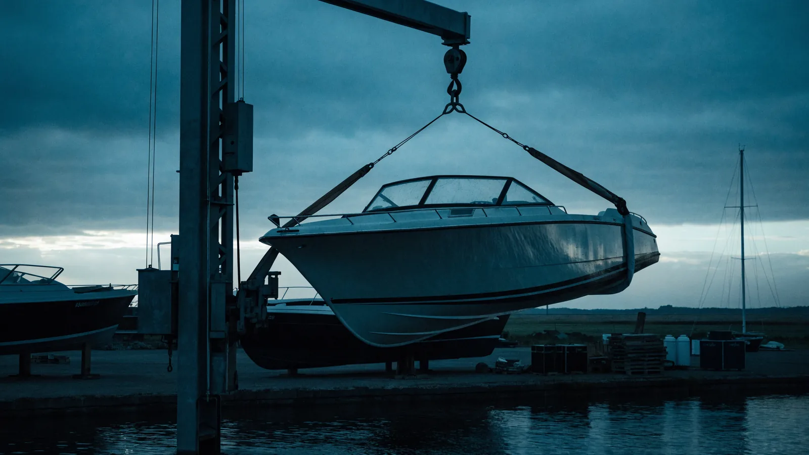 Boot im Travellift über dem Wasser