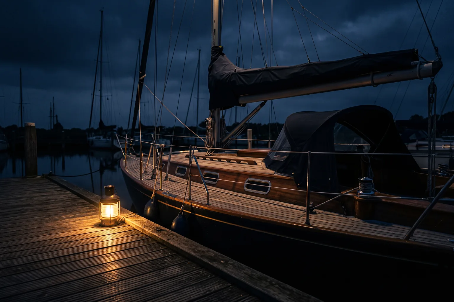 Segelboot nachts am Steg, Laternenlicht auf den Planken
