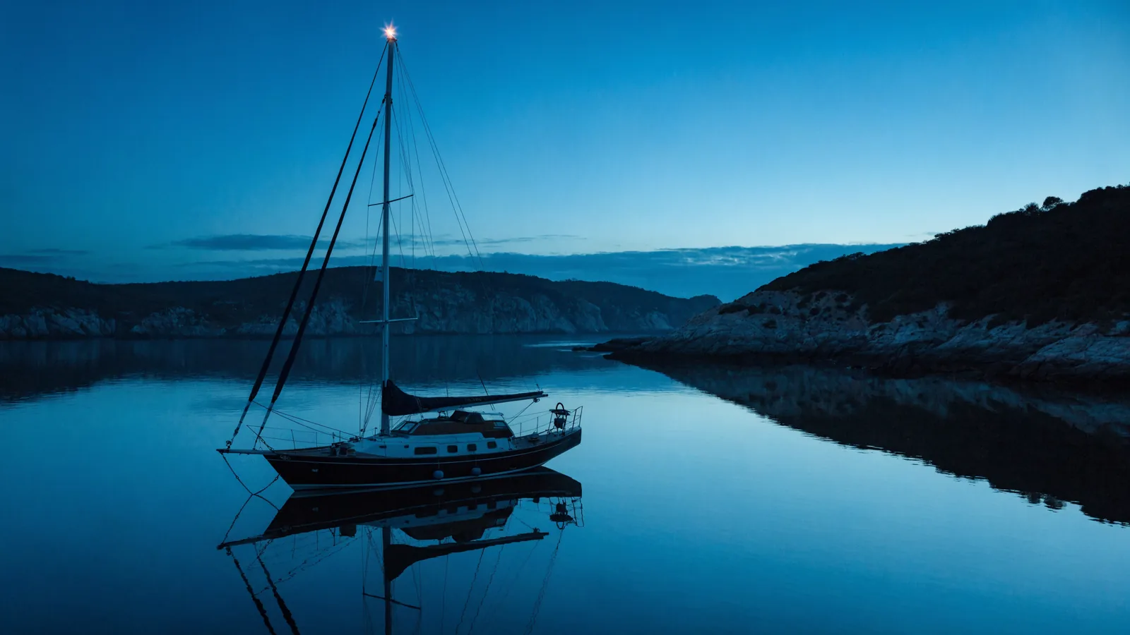 Segelyacht vor Anker in der blauen Stunde