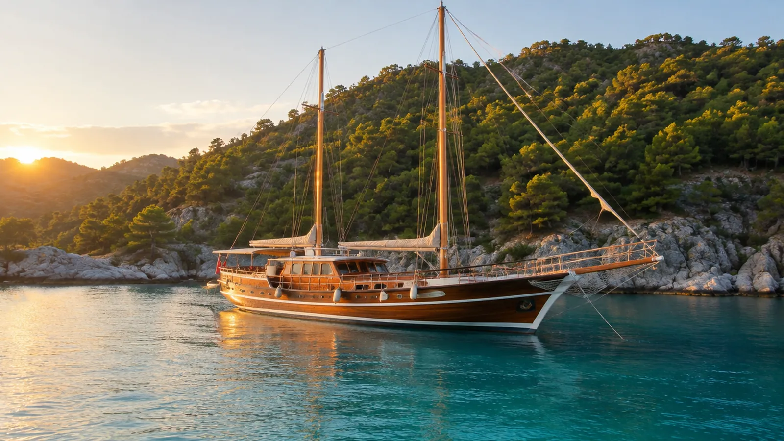 Gepflegte hölzerne Gulet mit zwei Masten vor Anker in einer türkisen Bucht an der türkischen Ägäis