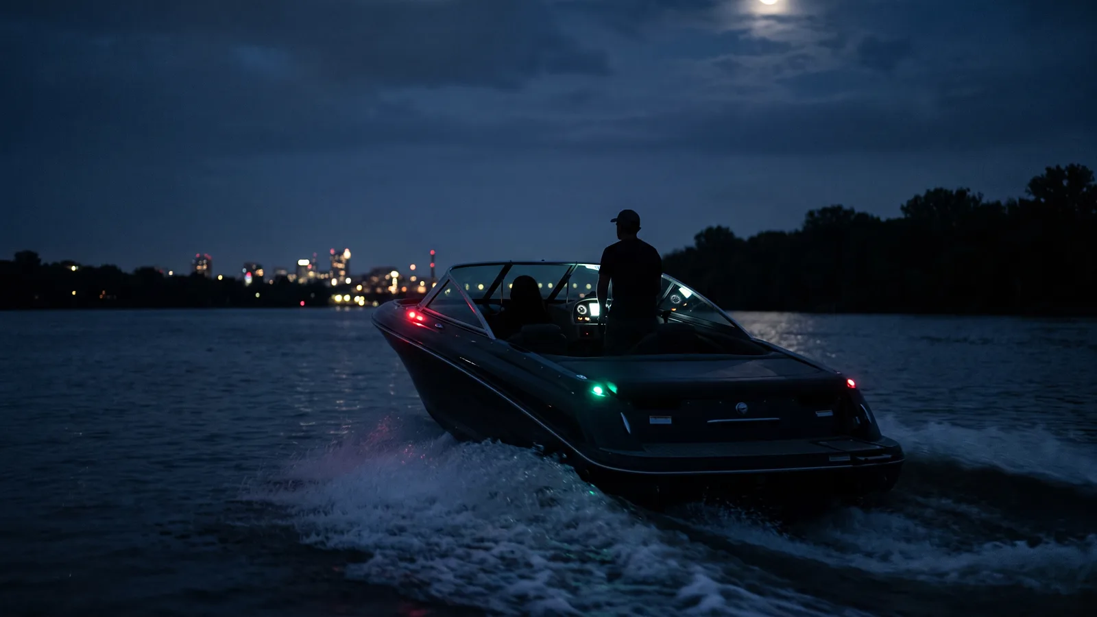 Sportboot nachts auf einem breiten Fluss, Lichter am Ufer