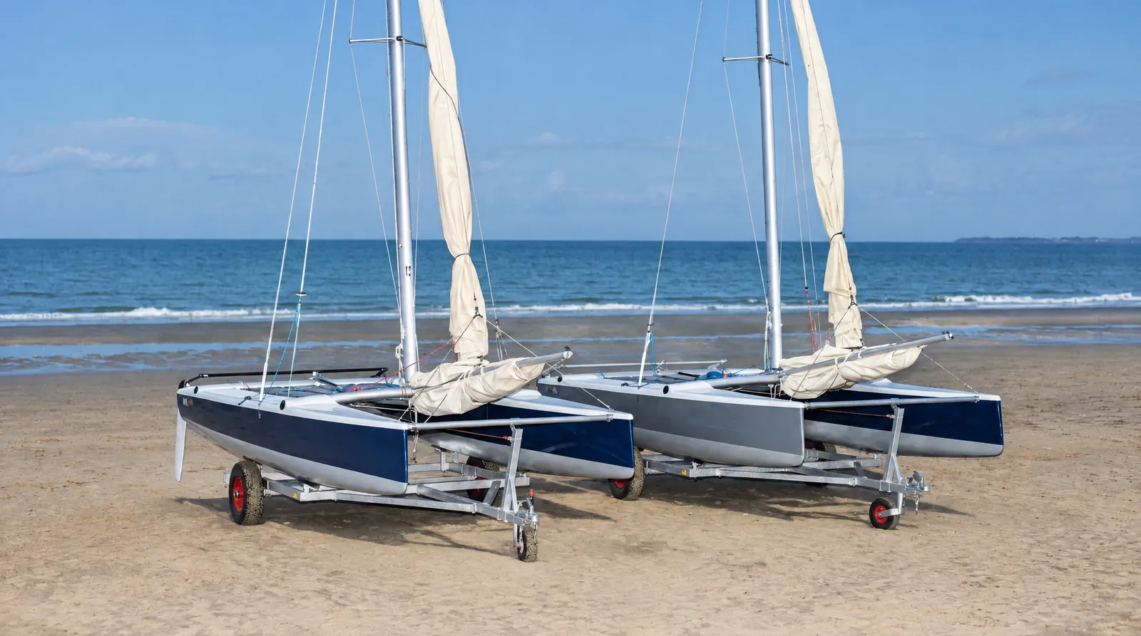 Zwei Strandkatamarane auf Slipwagen am Sandstrand in der Abenddämmerung