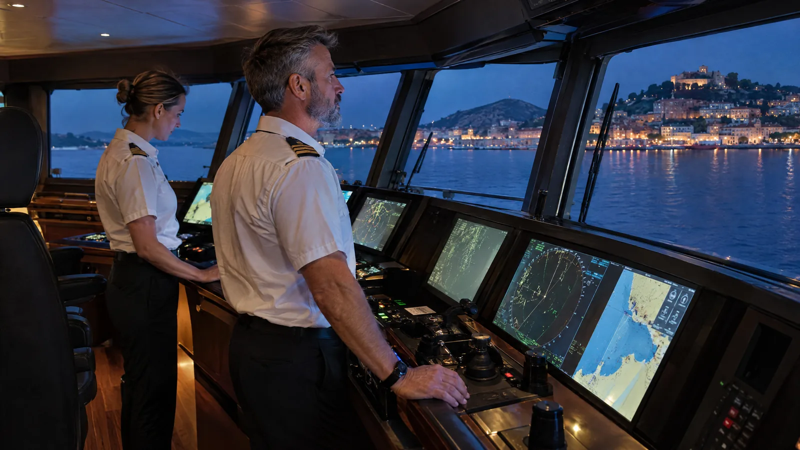 Captain and first officer on the bridge of a superyacht at blue hour