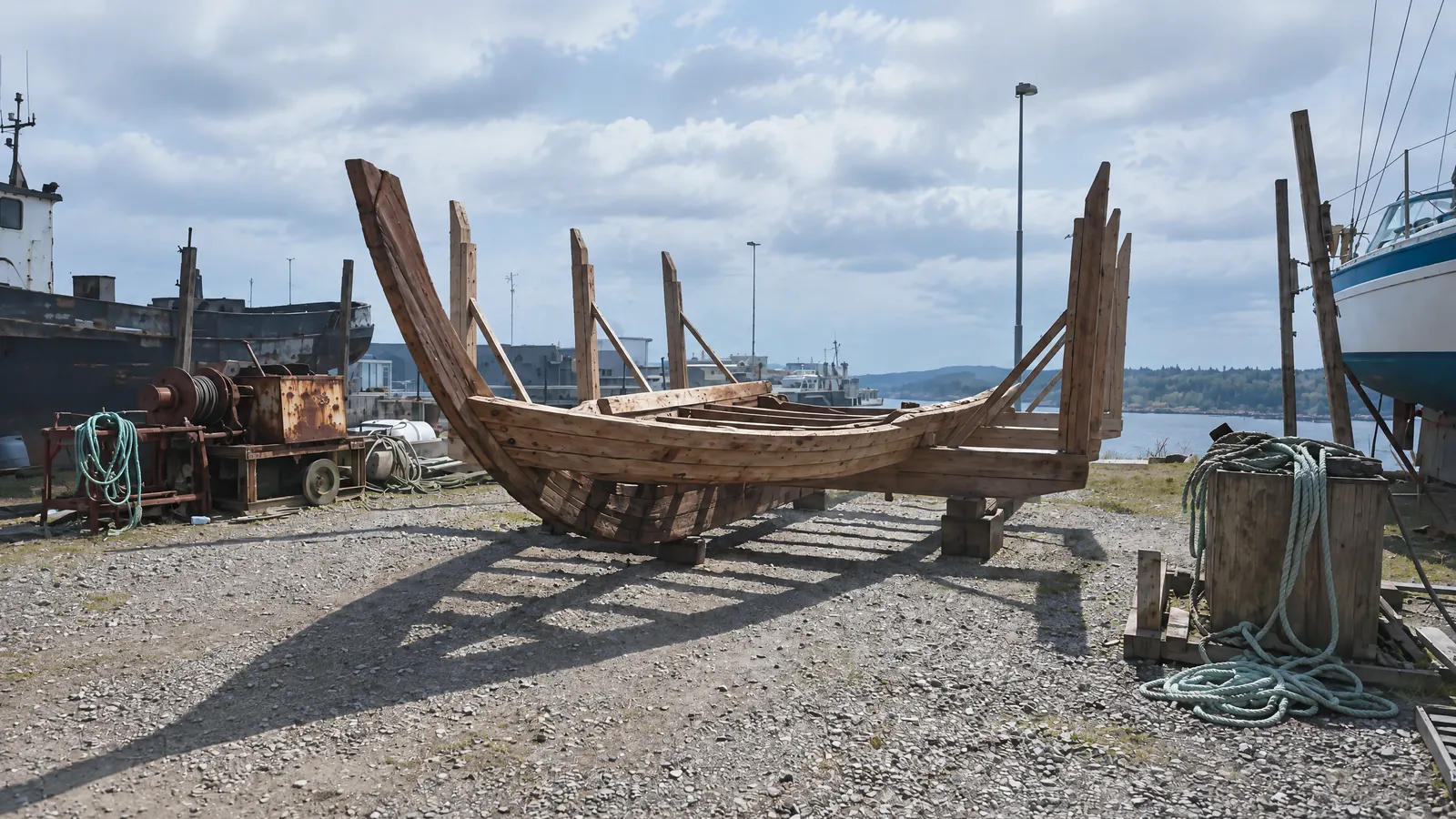 Ein leerer Bootsbock im Hof, dort wo das Boot stand