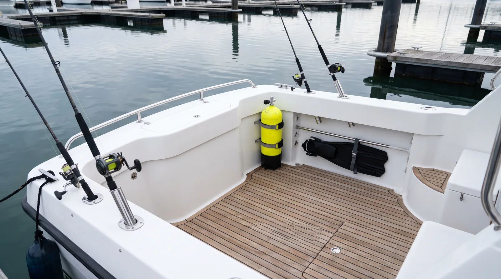 Angelruten in Rutenhaltern, Tauchflasche und Flossen im Cockpit eines gepflegten Motorboots im Hafen