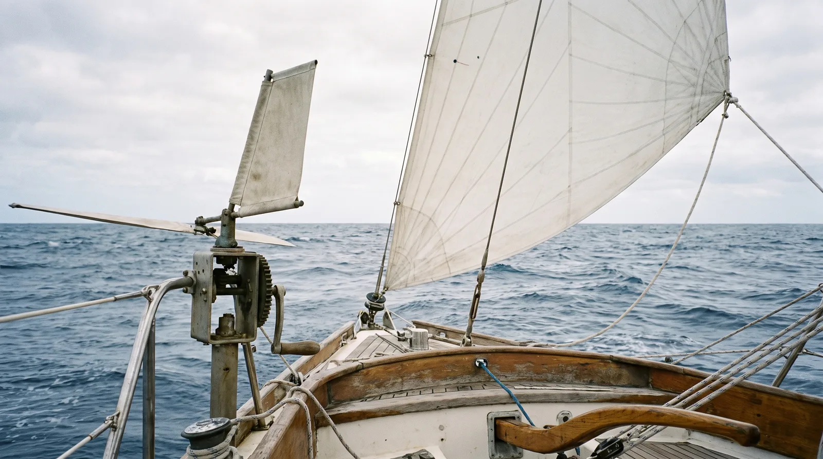 Blick über das Heck einer Fahrtenyacht mit Windfahnensteuerung und Vorsegel auf die lange Atlantikdünung