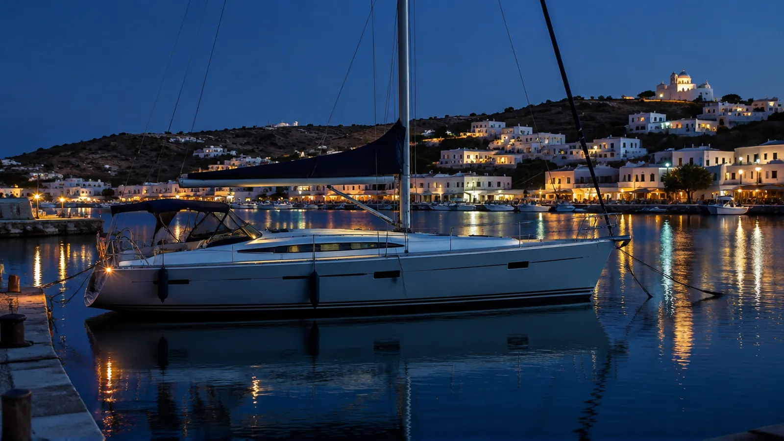 A boat lies in a southern harbour at night, warm lights ashore behind her