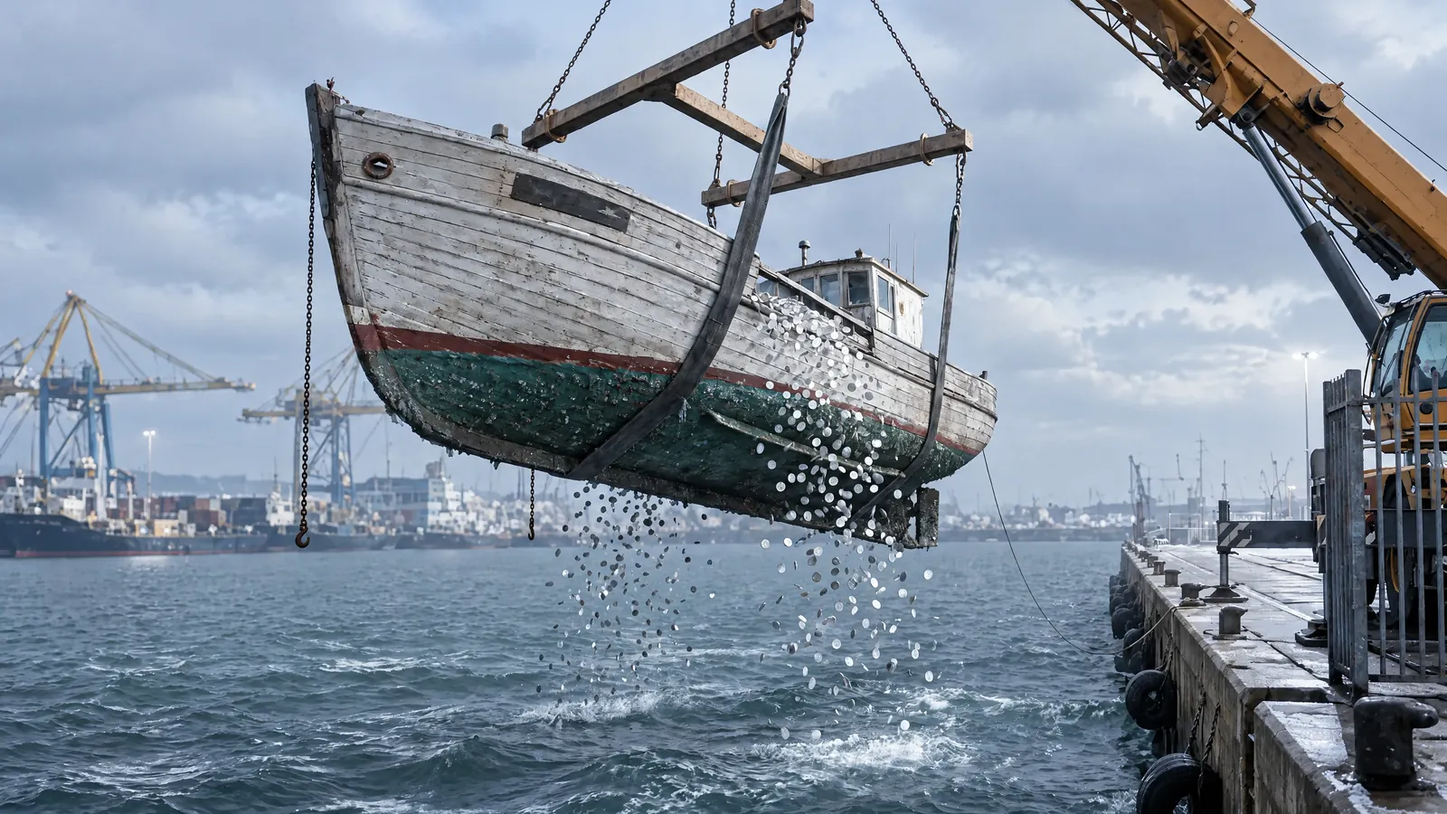 Ein Boot hängt in Krangurten, aus dem Rumpf fallen Münzen ins dunkle Wasser
