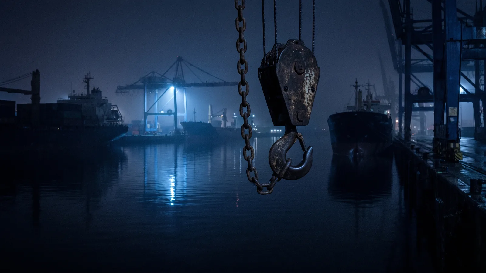 A crane lifting a flooded hull out of a harbour beside a waiting lorry