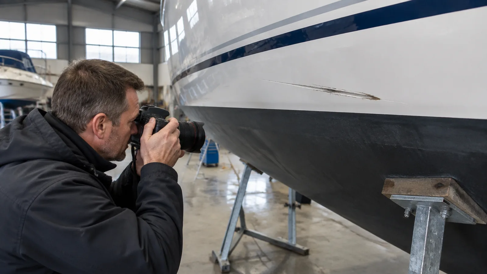 Ein Gutachter fotografiert einen Kratzer am Rumpf einer aufgebockten Yacht im Winterlager