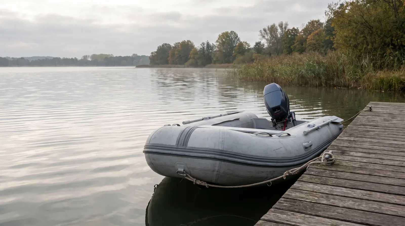 Graues Schlauchboot mit hochgeklapptem Außenborder an einem Holzsteg auf einem stillen See mit Schilf am Ufer