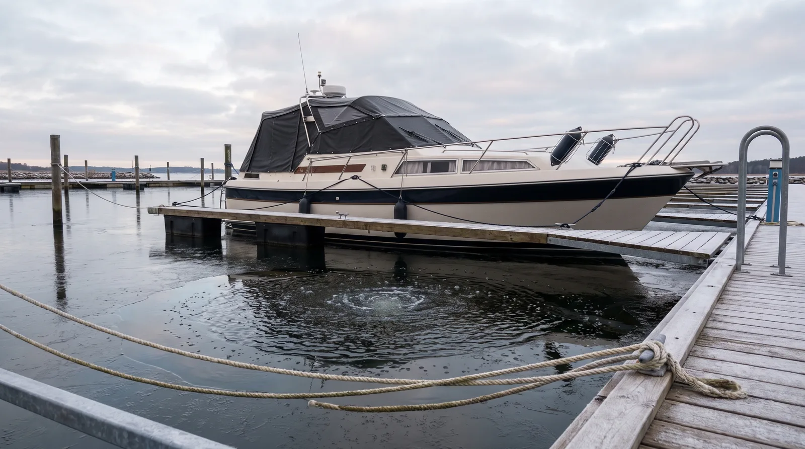 Motorboot überwintert im Wasser in einer Marina mit dünnem Eis und Winterpersenning