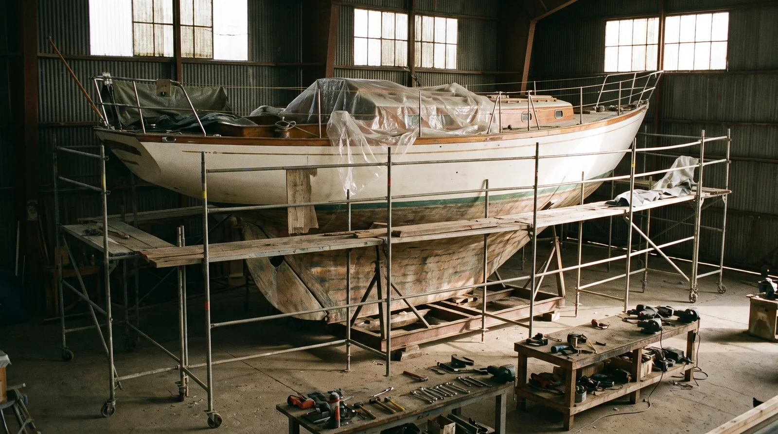 Segelyacht auf dem Lagerbock in einer Werfthalle mit Gerüst während des Refits