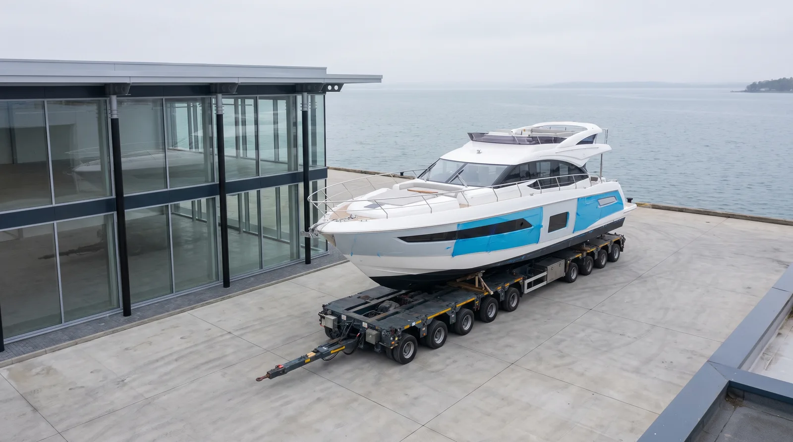 Neue Motoryacht auf einem Trailer vor einem Händlergebäude am Wasser
