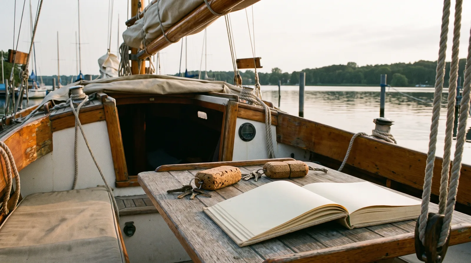 Segelyacht an der Boje mit zwei Bootsschlüsseln und Logbuch auf dem Cockpittisch