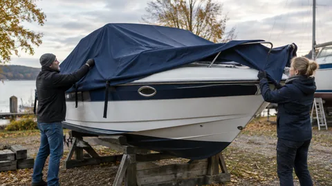Zwei Personen ziehen an einem Herbsttag die Persenning über ein an Land stehendes Motorboot