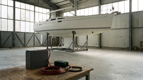 Bootsbatterie mit angeschlossenem Ladegerät auf einer Werkbank, dahinter eine Segelyacht im Winterlager