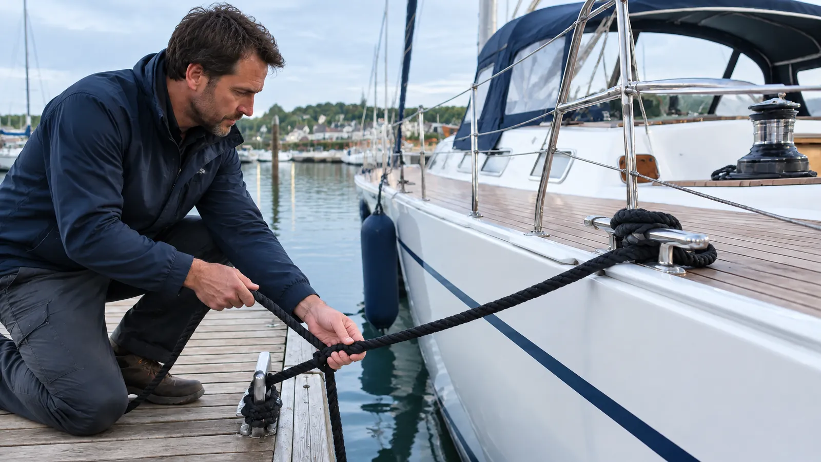 Ein Bootsbetreuer zieht am Steg die Festmacherleine einer Yacht nach