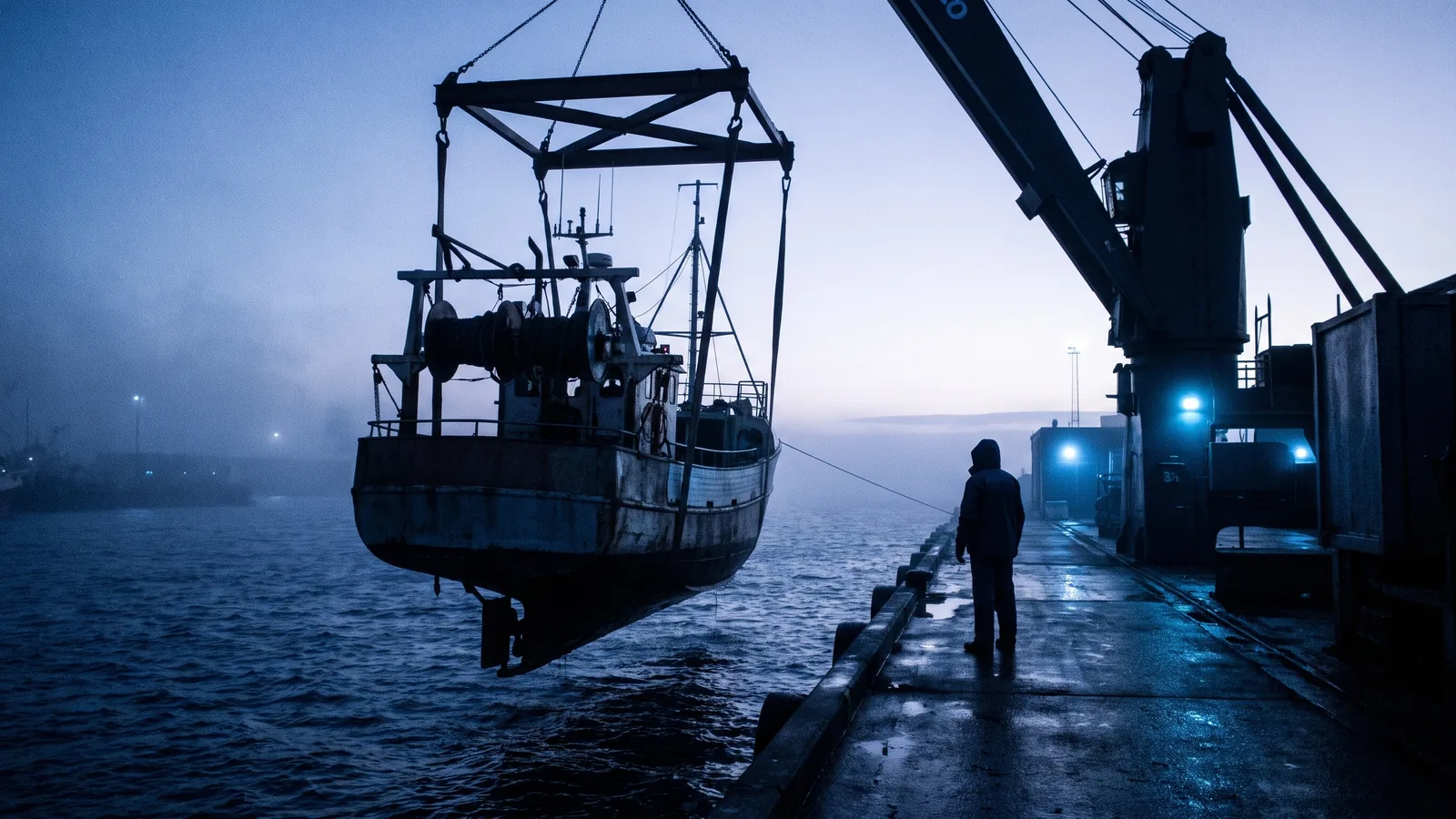 Ein Boot wird im Morgengrauen an Gurten zu Wasser gelassen