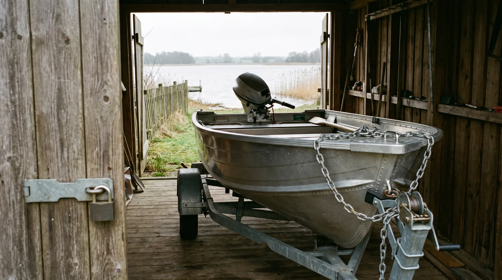 Gepflegtes Aluminiumboot auf dem Trailer in einem hölzernen Bootsschuppen am See, vorn ein Überwurf mit Vorhängeschloss an der Tür