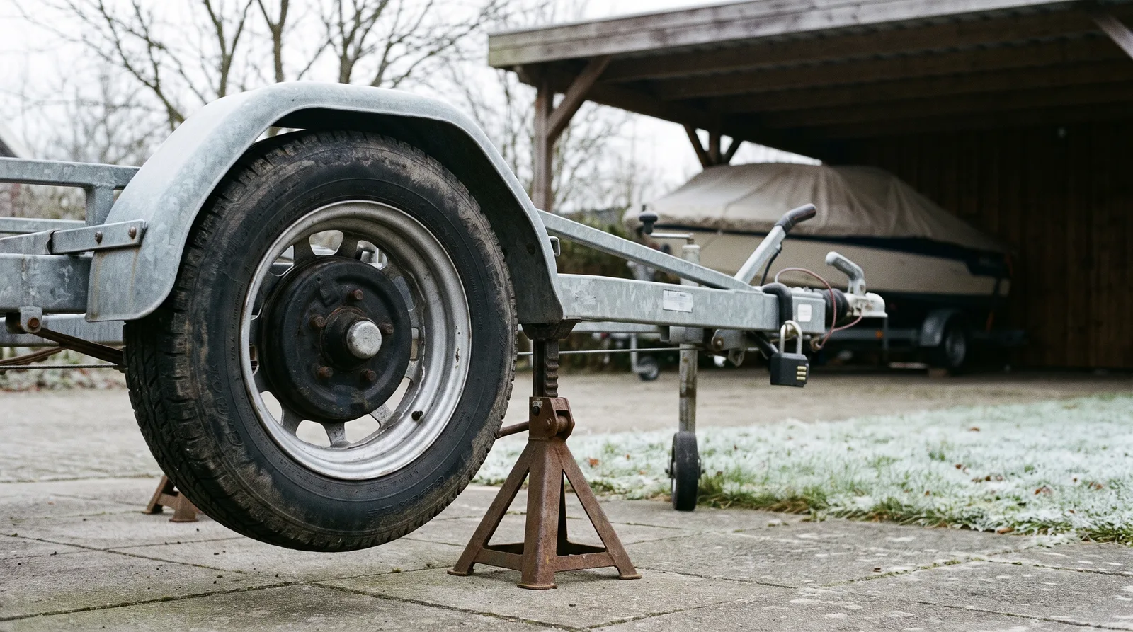 Verzinkter Bootstrailer mit abgedecktem Motorboot im Winter auf Böcken aufgebockt, die Räder frei, Raureif im Hintergrund