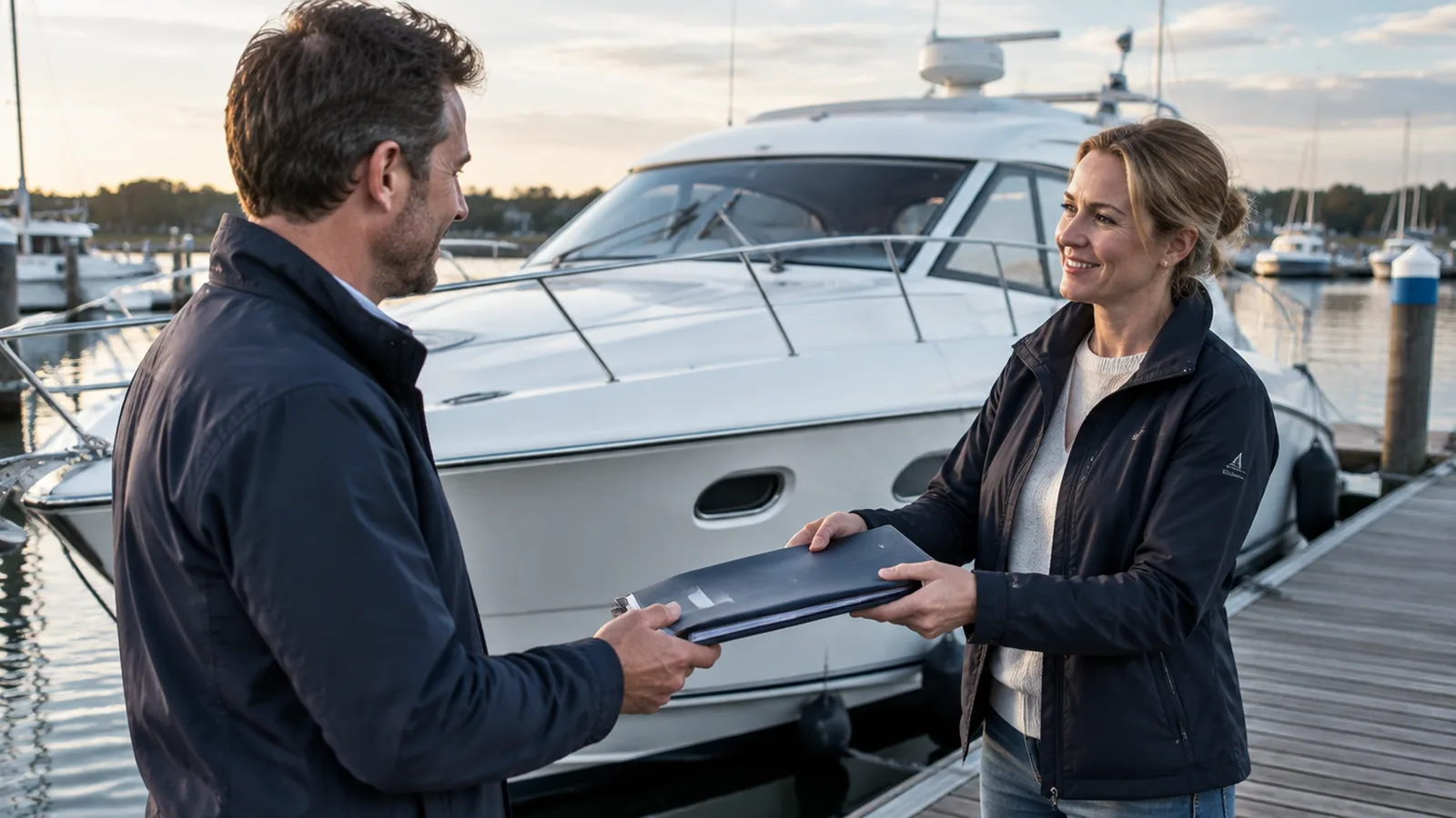 Two people on a pontoon by a yacht, one handing the other a folder with the boat papers