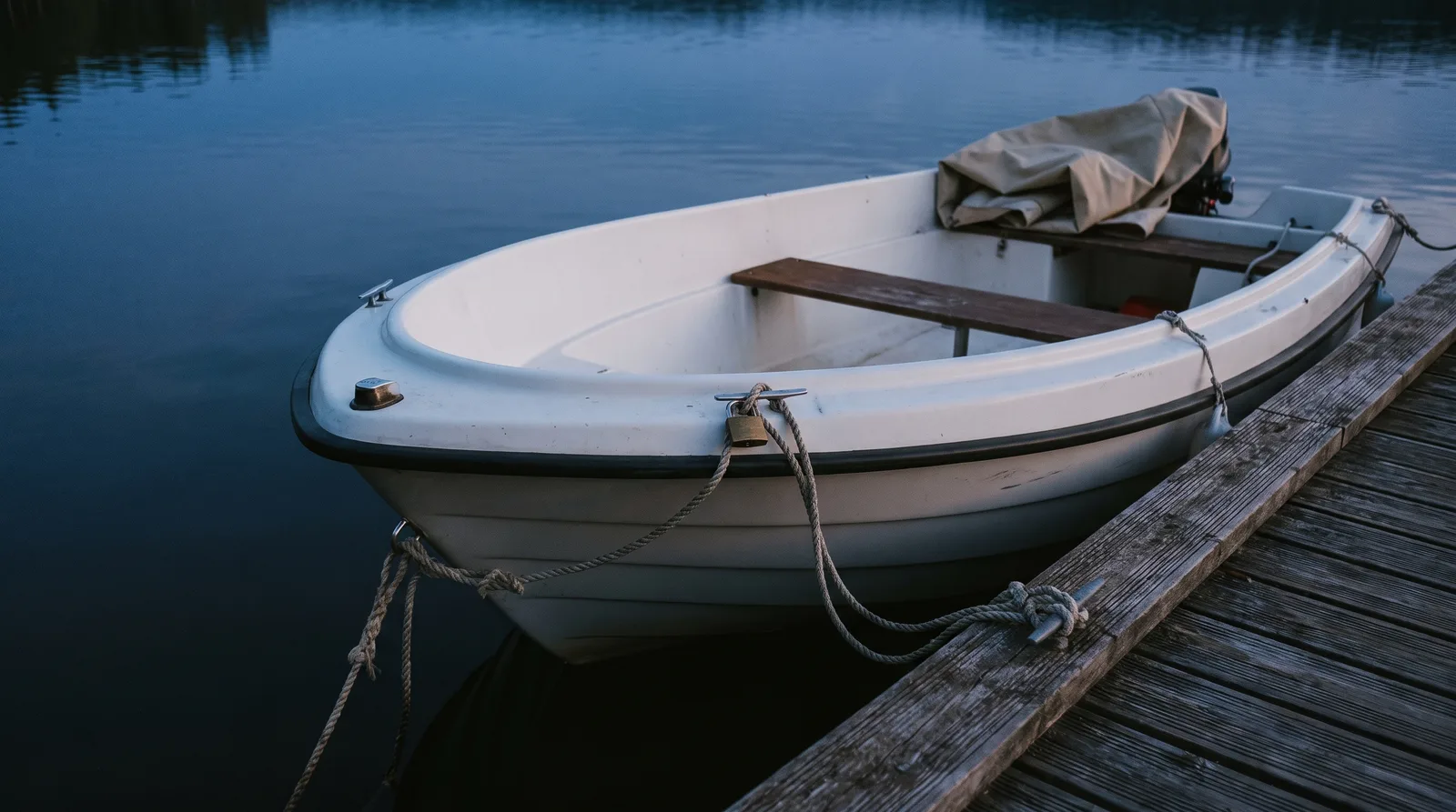 Kleines weißes Motorboot mit Persenning am Holzsteg eines Sees zur blauen Stunde, ein Messingschloss an der Klampe