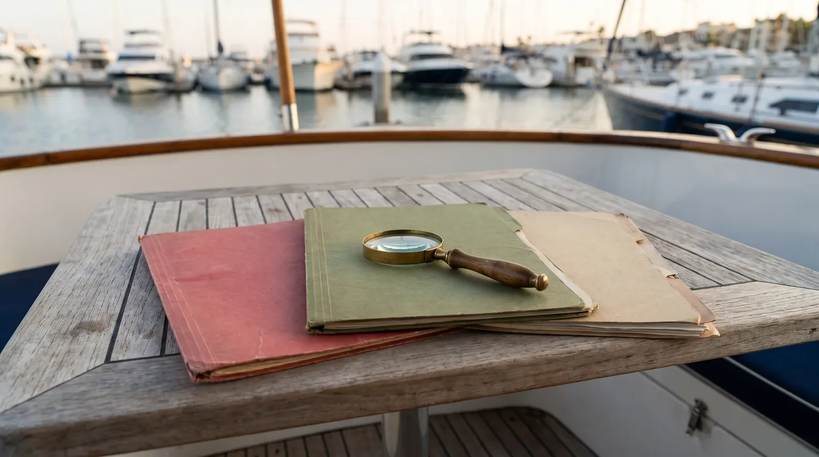 Drei geschlossene Mappen und eine Lupe mit Messingrand auf dem Cockpittisch einer Motoryacht im Hafen