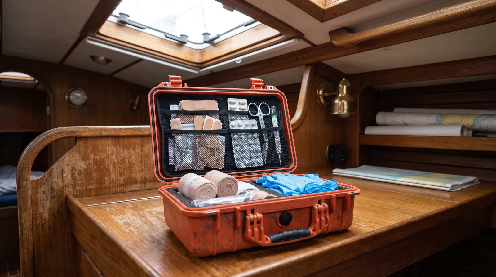 Geöffneter Erste-Hilfe-Koffer mit Verbandsmaterial auf dem Kartentisch einer Segelyacht