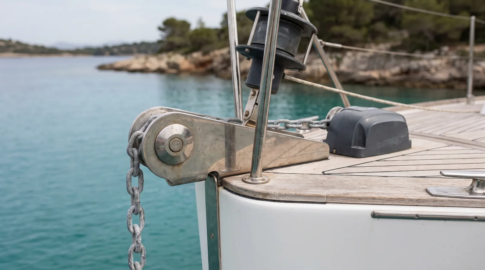 Bug einer Segelyacht mit leerer Ankerrolle aus Edelstahl und elektrischer Ankerwinde, dahinter eine türkisfarbene Ankerbucht
