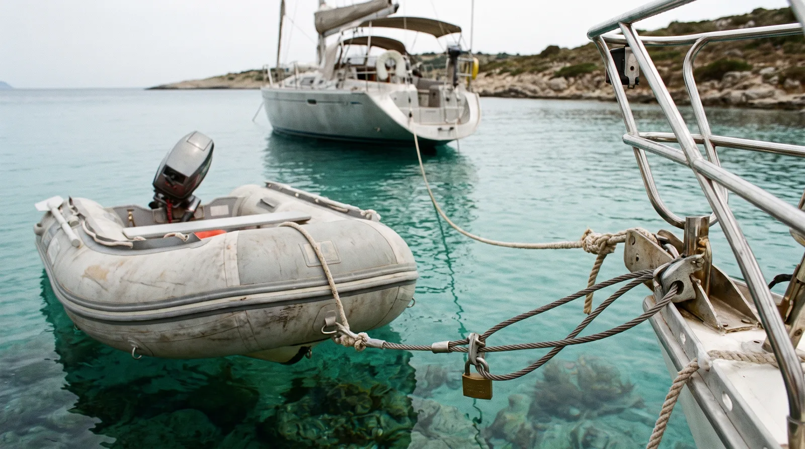 Ein graues Schlauchboot mit Außenborder liegt an Leine und Stahlseil mit Vorhängeschloss am Heck einer Yacht in einer felsigen Bucht