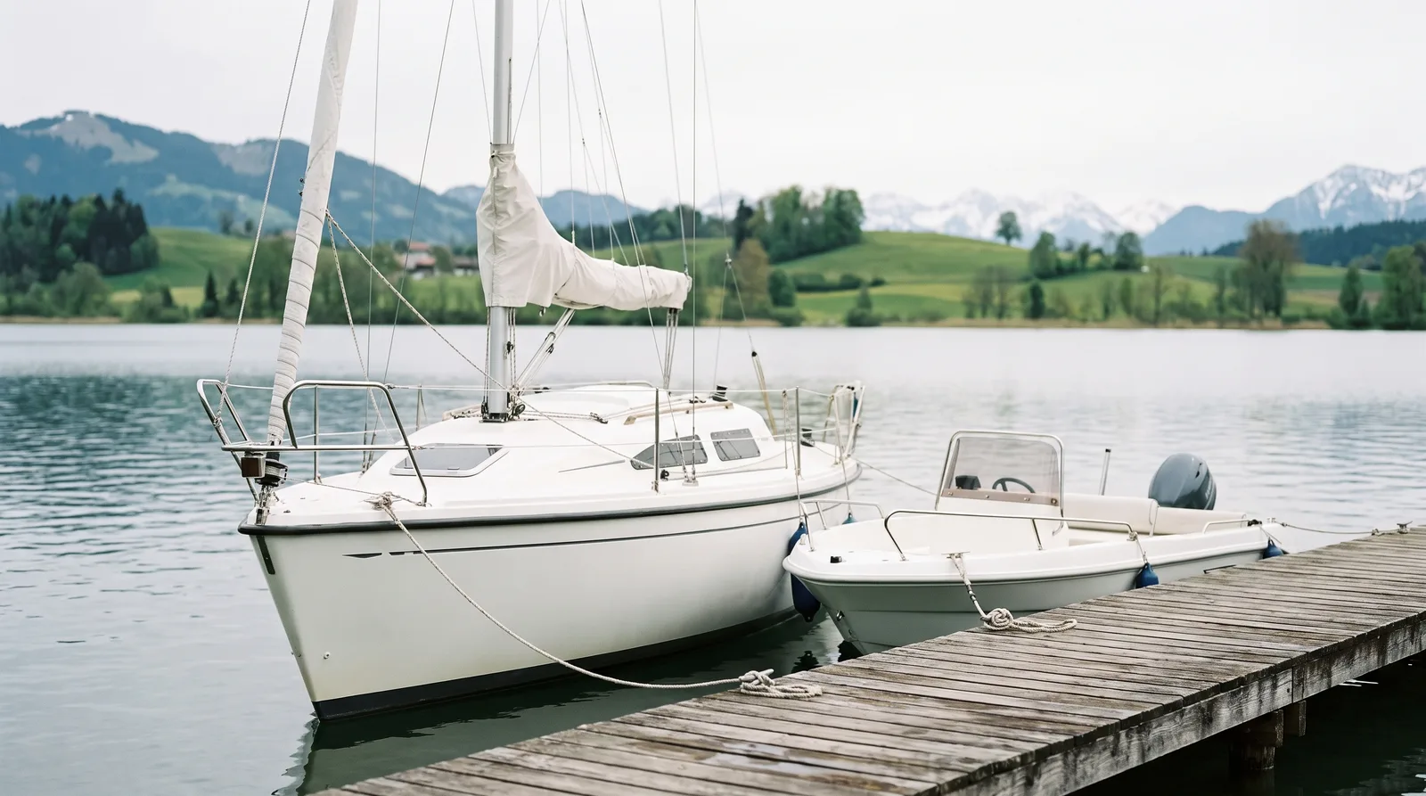 Gepflegte Segelyacht und kleines Motorboot an einem Holzsteg an einem großen See mit grünen Hügeln und fernen Alpen