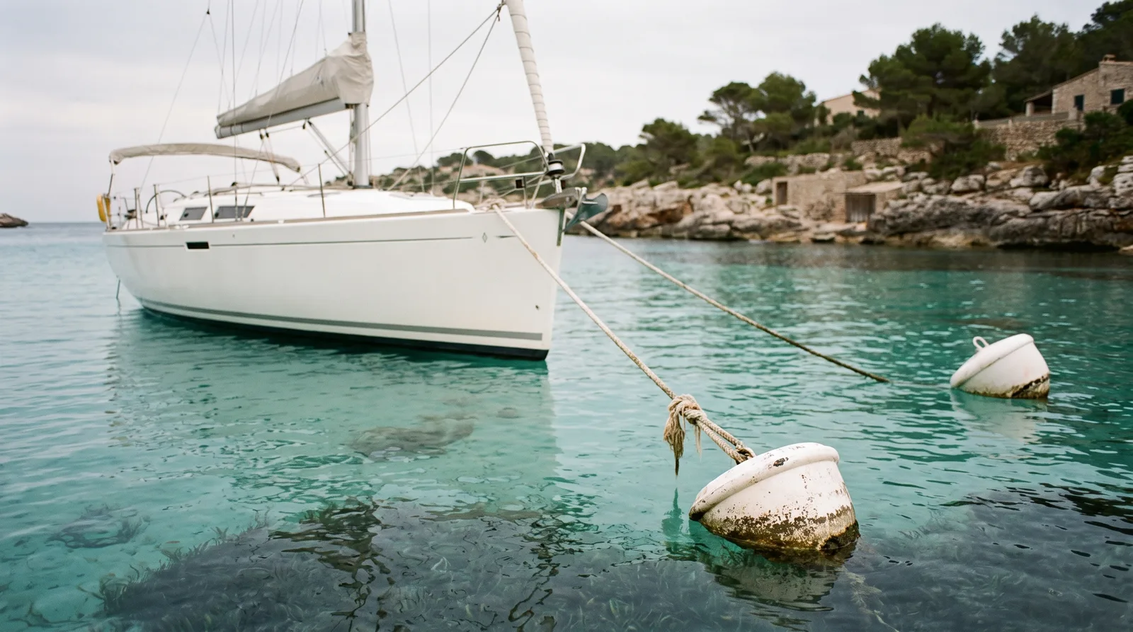 Segelyacht an einer weißen Muringboje in einer türkisfarbenen Bucht, darunter Sand und dunkle Seegrasflecken, im Hintergrund felsige Küste mit Kiefern