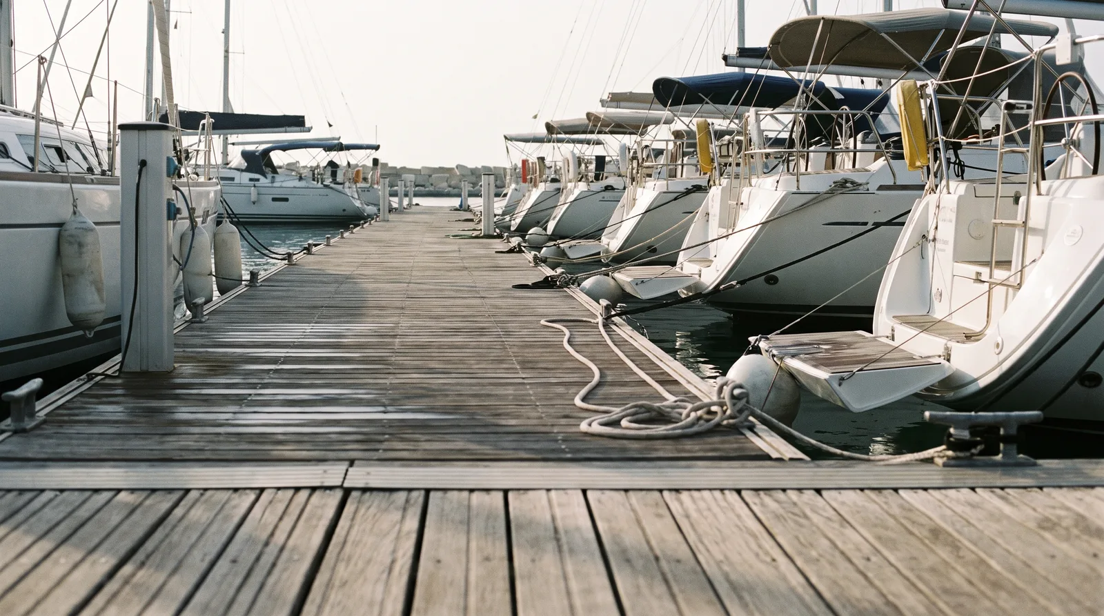 Charteryachten liegen mit dem Heck an einem Holzsteg einer Mittelmeermarina, auf den Planken ein aufgeschossener Festmacher