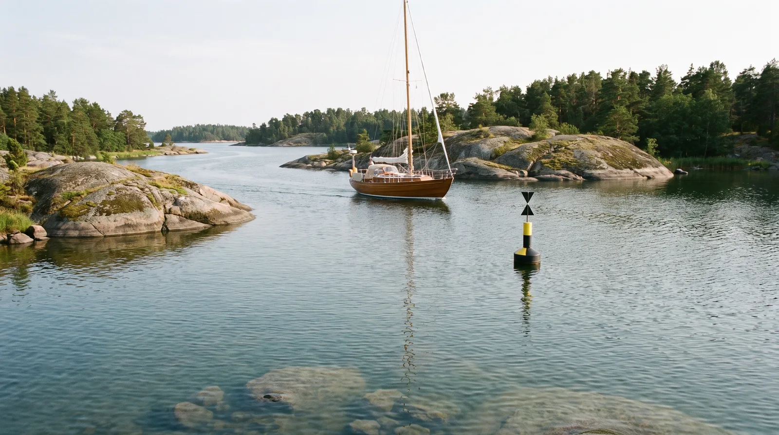 Holzsegelyacht in einer engen Durchfahrt zwischen glatten Granitinseln mit Kiefern, davor ein Kardinalzeichen und Steine unter Wasser