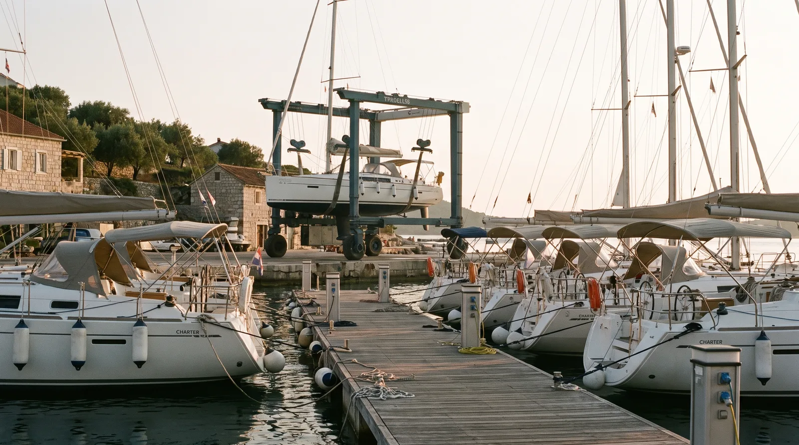 Charteryachten am Steg einer Charterbasis, im Hintergrund eine Yacht im Travellift zur Reparatur