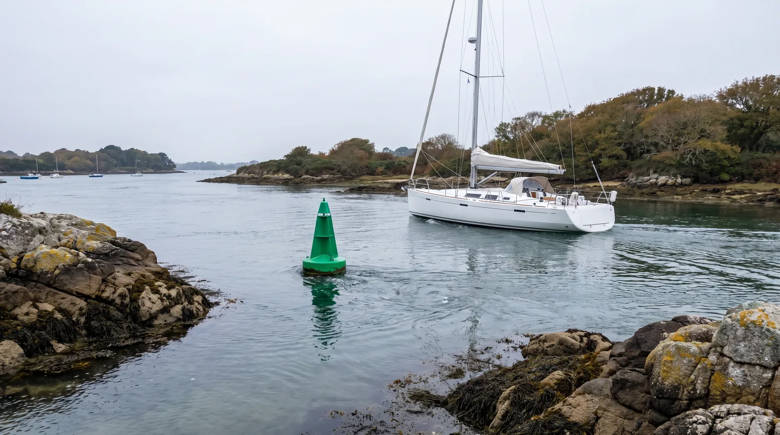 Weiße Segelyacht unter Motor in einem engen Gezeitenkanal mit Strudeln an einer grünen Fahrwassertonne zwischen bewaldeten Inseln