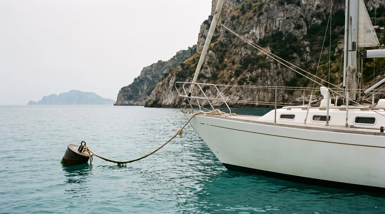 Segelyacht an einer Boje vor den Kalkfelsen der Halbinsel von Sorrent, im Dunst dahinter die Insel Capri
