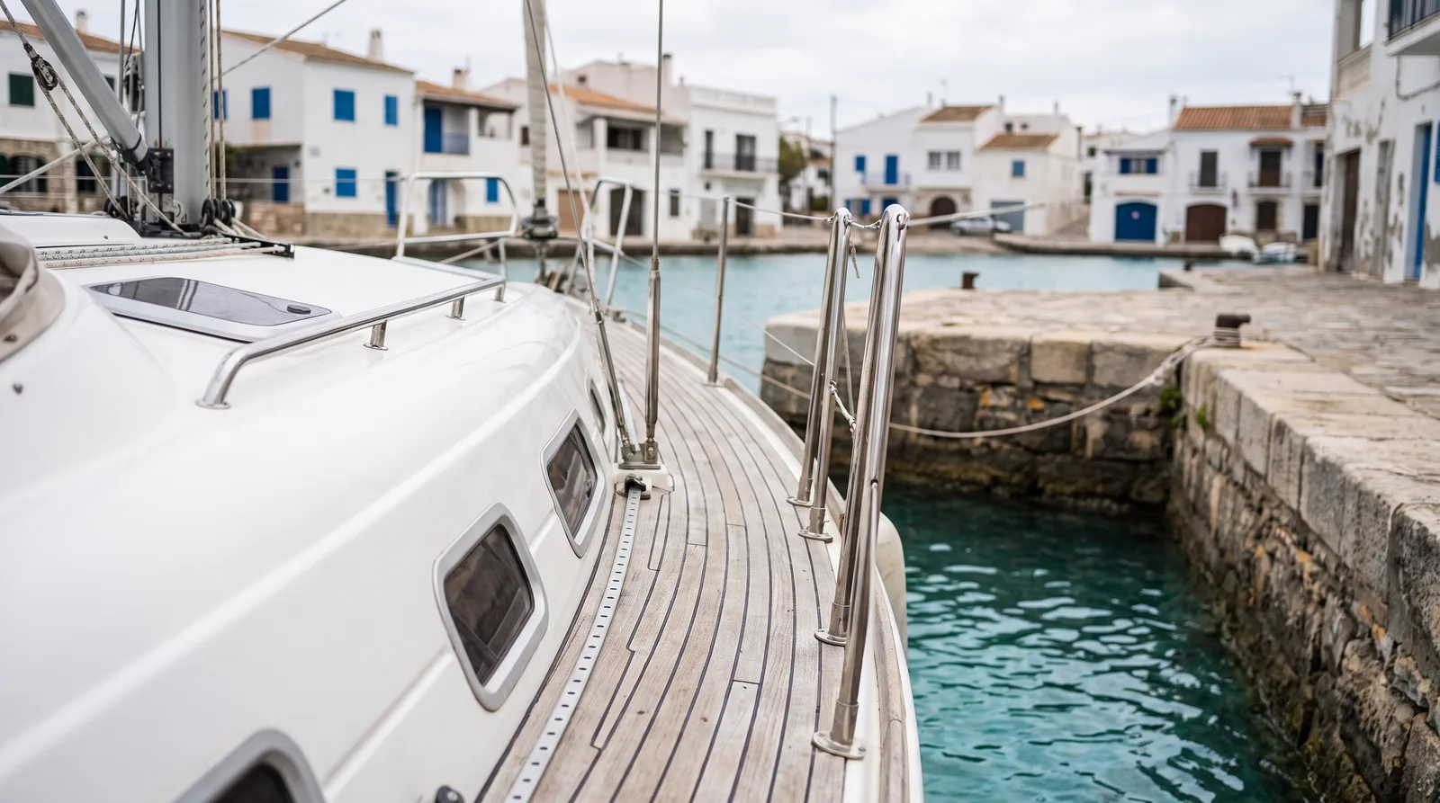 Seitendeck und Bugkorb einer weißen Charteryacht, die in einem kleinen griechischen Hafen an einer Steinmole liegt