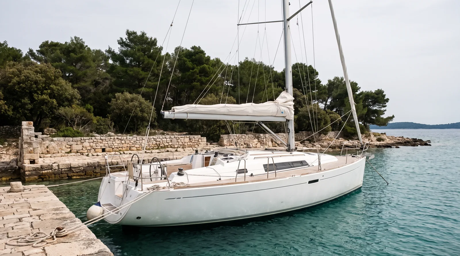 Weiße Segelyacht an einer alten Steinmole einer bewaldeten Insel in Istrien mit türkisem Wasser