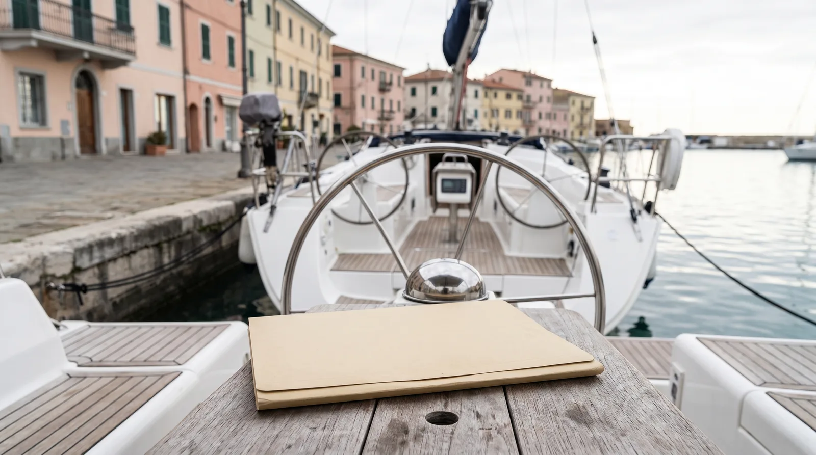 Cockpit einer Segelyacht mit Steuerrad und einer geschlossenen Dokumentenmappe auf dem Tisch, dahinter pastellfarbene Häuser an einer italienischen Hafenmole