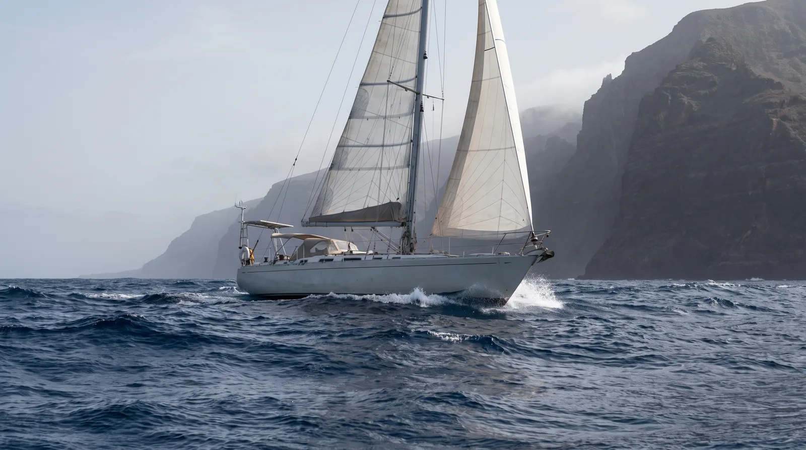 Segelyacht unter Groß und Vorsegel in tiefblauer Atlantikwelle vor den dunklen Steilklippen einer Kanareninsel