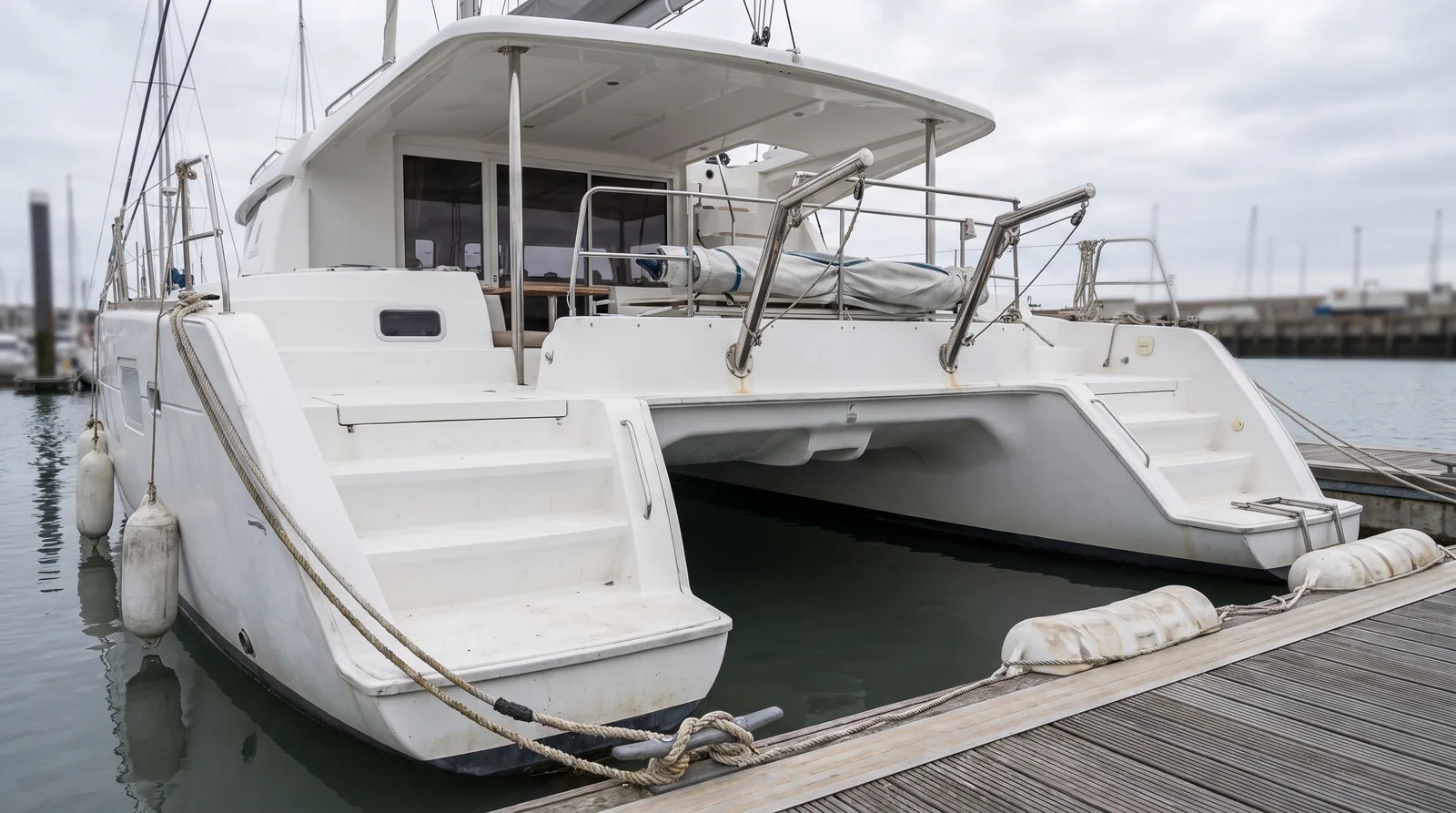 Weißer Charterkatamaran mit beiden Heckspiegeln und Badeplattformen, im Hafen mit dem Heck zum Steg festgemacht