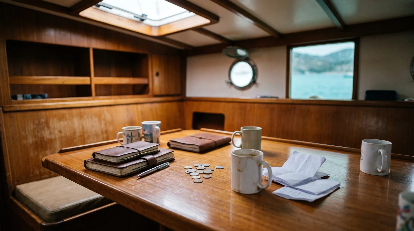 Salontisch einer Charteryacht mit Münzen, gefalteten Scheinen, einem Notizbuch und mehreren Kaffeebechern, durch das Bullauge eine ruhige Bucht